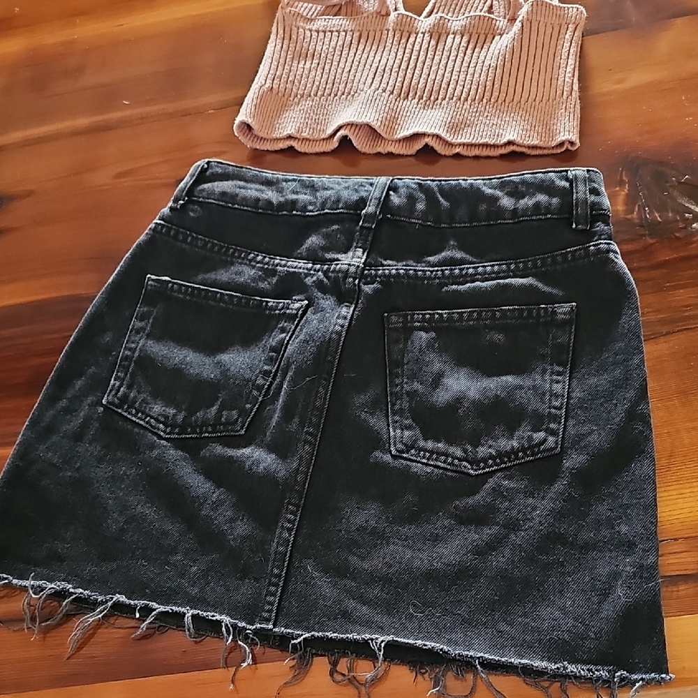 Topshop Black Denim Mini Skirt with Distressed Hem - Picture 6 of 7